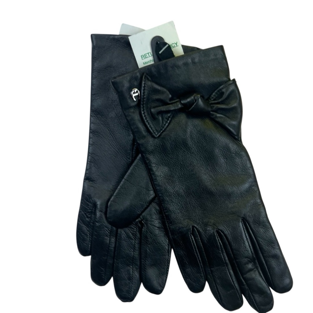 Etienne Aigner NWT Rich Chic Black 100% Leather Winter Gloves Bow Detail Size S